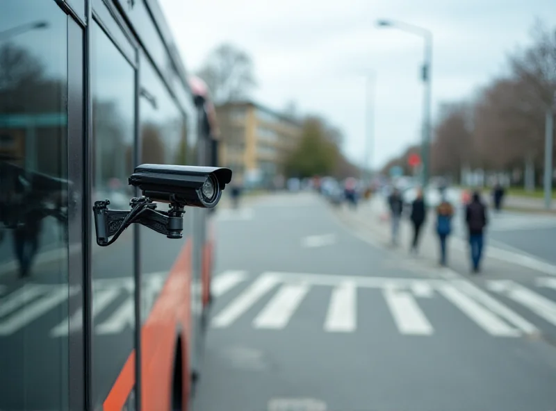 A city bus with its surveillance camera visible, parked near a crosswalk in Zielona Góra, Poland.