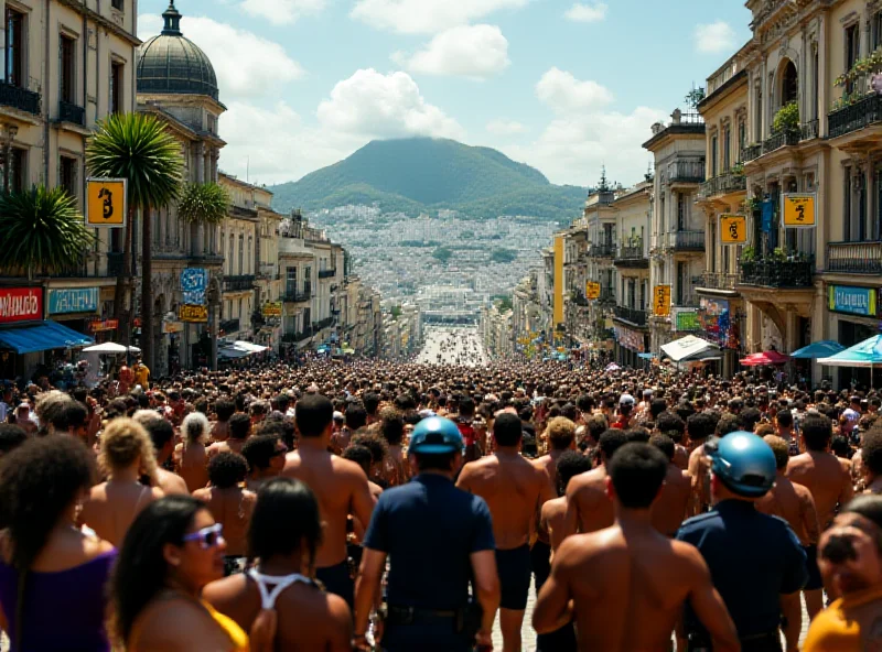 A panoramic view of Rio de Janeiro during Carnival, with a focus on the northern zone and police presence.