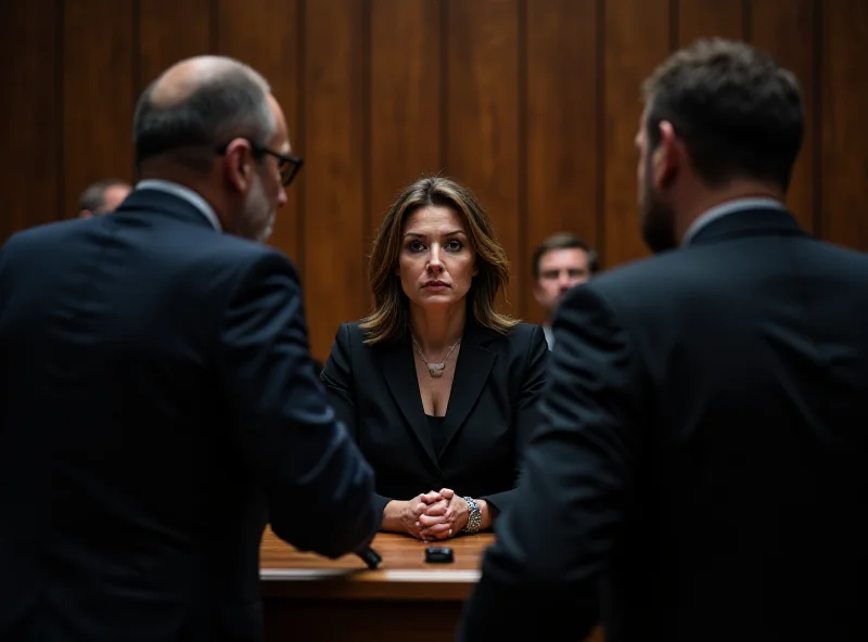 A courtroom scene in Germany, with Beate Zschäpe in the defendant's box, surrounded by lawyers and security personnel.