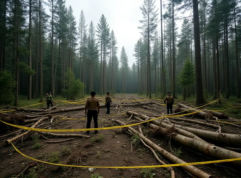 A forest with illegally felled trees, police tape surrounding the area.