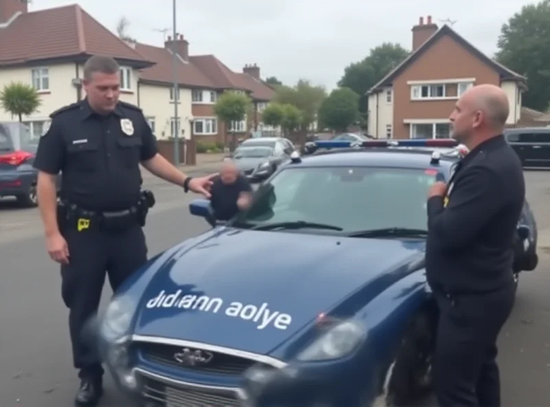 A still from a video showing a man being hit by a police car, with a police officer standing nearby.