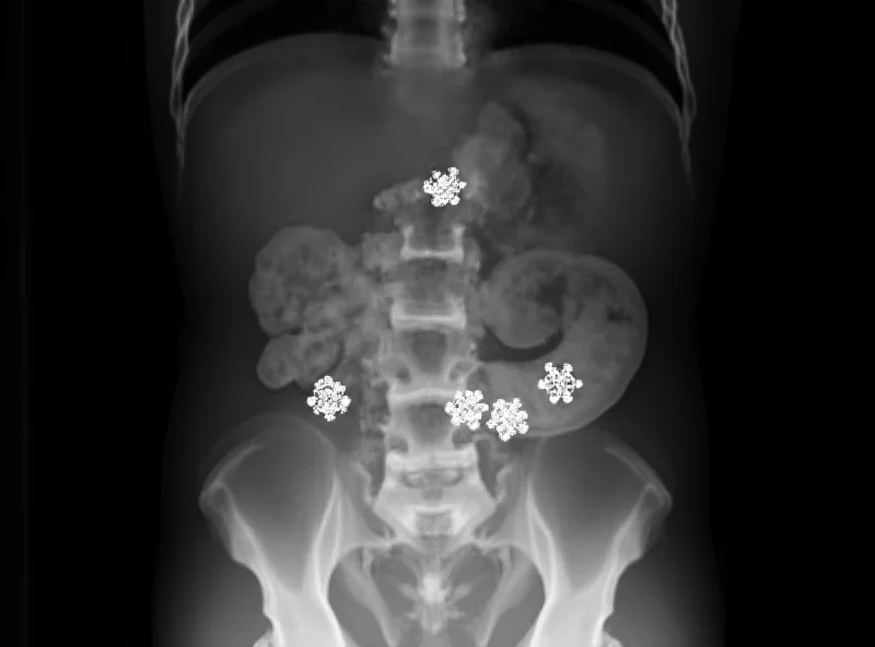 X-ray image showing jewelry inside a person's stomach.