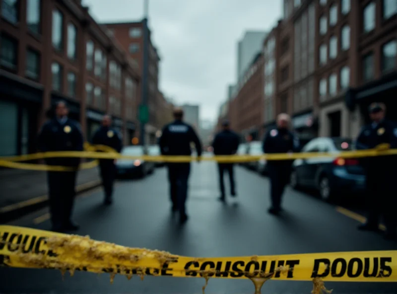 Police officers securing a crime scene with yellow tape.