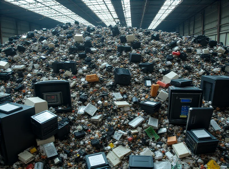 A large pile of discarded electronics and e-waste at a recycling facility.