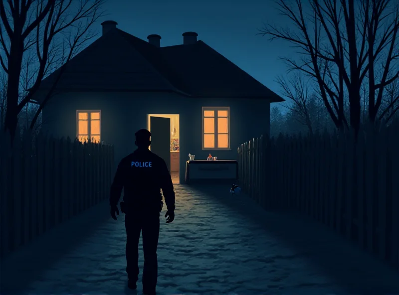 Illustration of a police officer responding to a domestic violence call at a home in Poland. The scene should be tense and realistic.