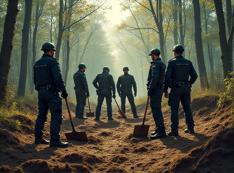 Illustration of Czech police officers apprehending illegal vltavin diggers in a forest in the Ceskobudejovice region. The scene should depict the diggers with tools and the police in their uniforms.