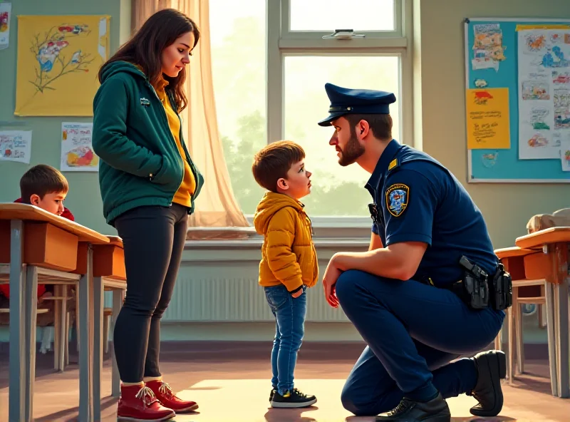 Illustration of a police officer talking to a student and a teacher in an elementary school in Ostrava. The scene should be calm but serious, reflecting the nature of the incident.