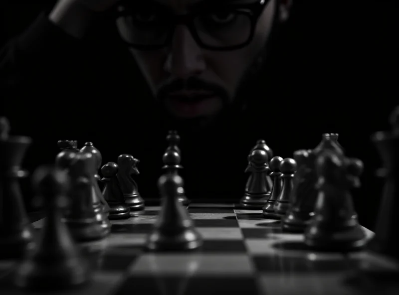 A person looking thoughtfully at a chessboard with chess pieces representing different societal forces.