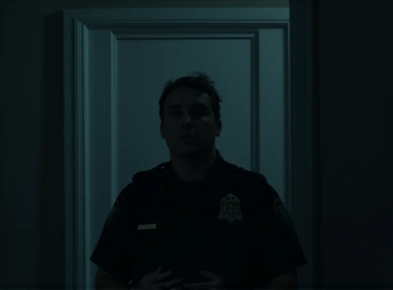 A police officer standing outside a door, looking concerned.