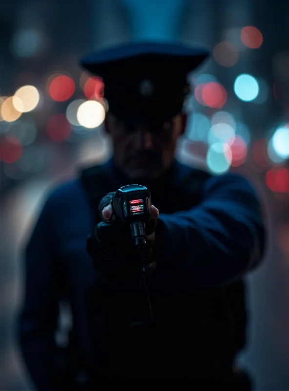 A police officer holding a stun gun, silhouetted against a city backdrop at night.