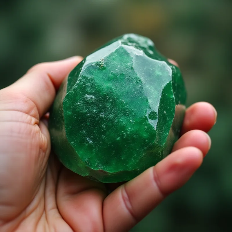 A close-up of a Vltavín stone, showing its green color and textured surface.