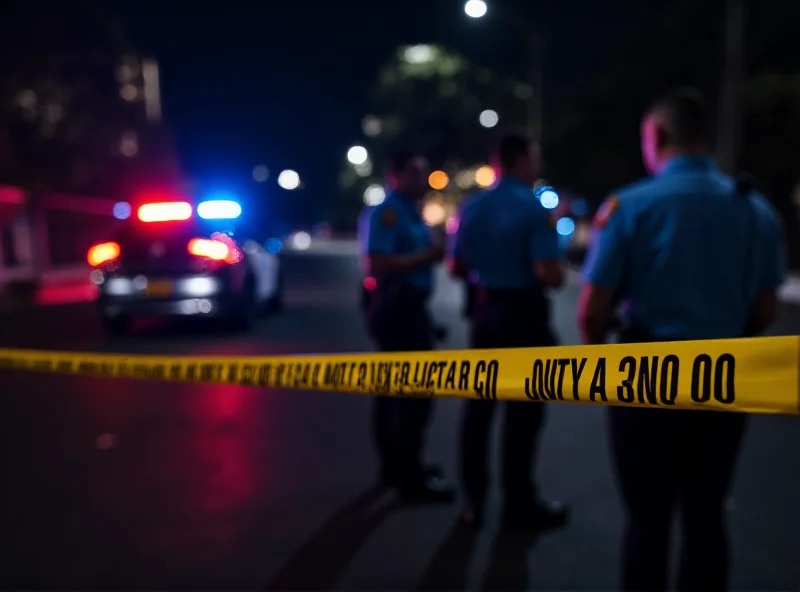 Police officers standing in front of police tape at a crime scene at night.