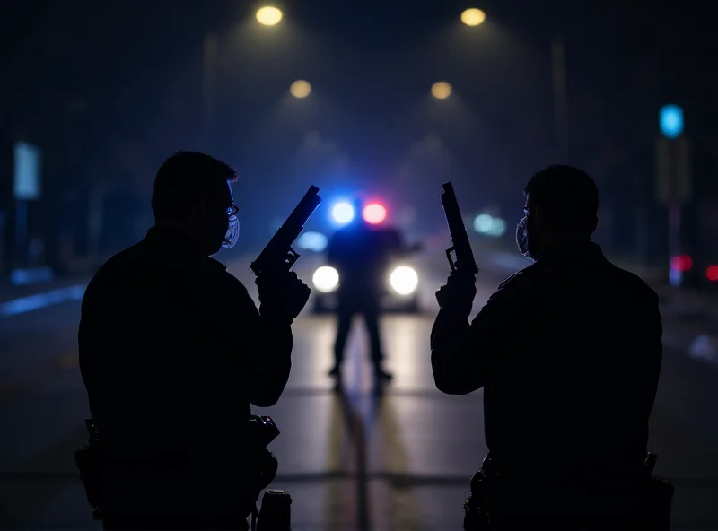 Police officers in a tense standoff with a suspect, weapons drawn.
