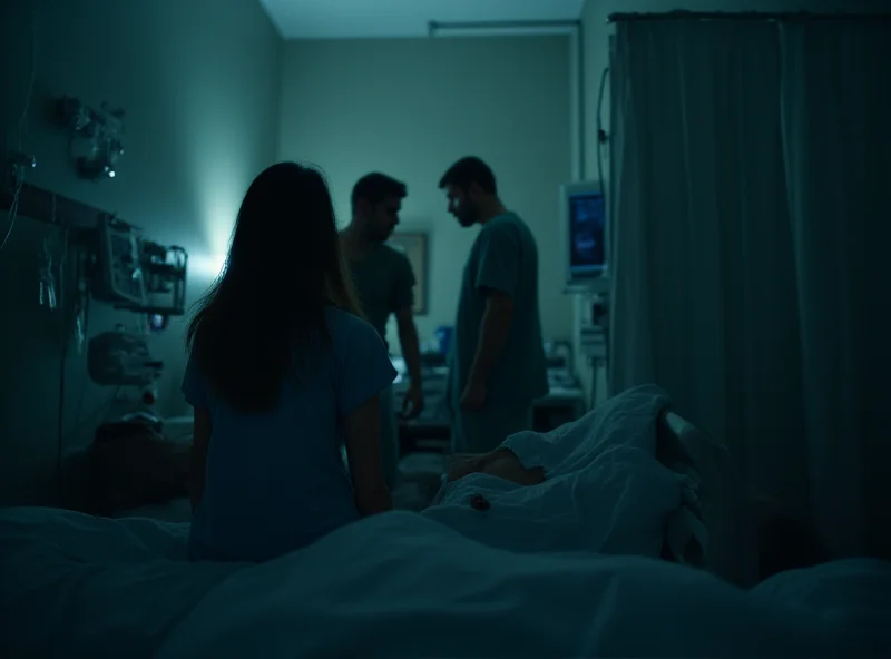 Scene depicting a hospital room with medical equipment and a concerned-looking family in the background, suggesting the mystery surrounding Weronika's death.