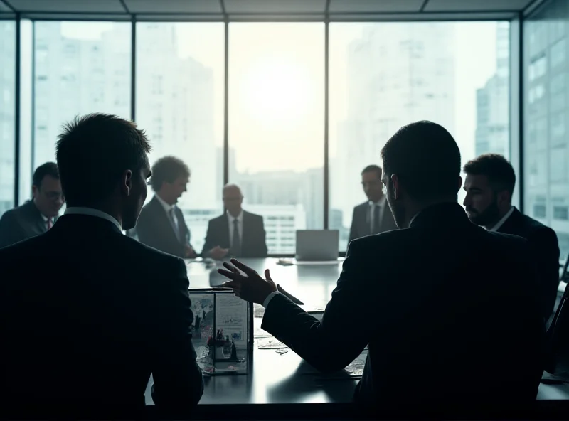 Silhouette of politicians negotiating in a modern office setting, with charts and graphs visible in the background.