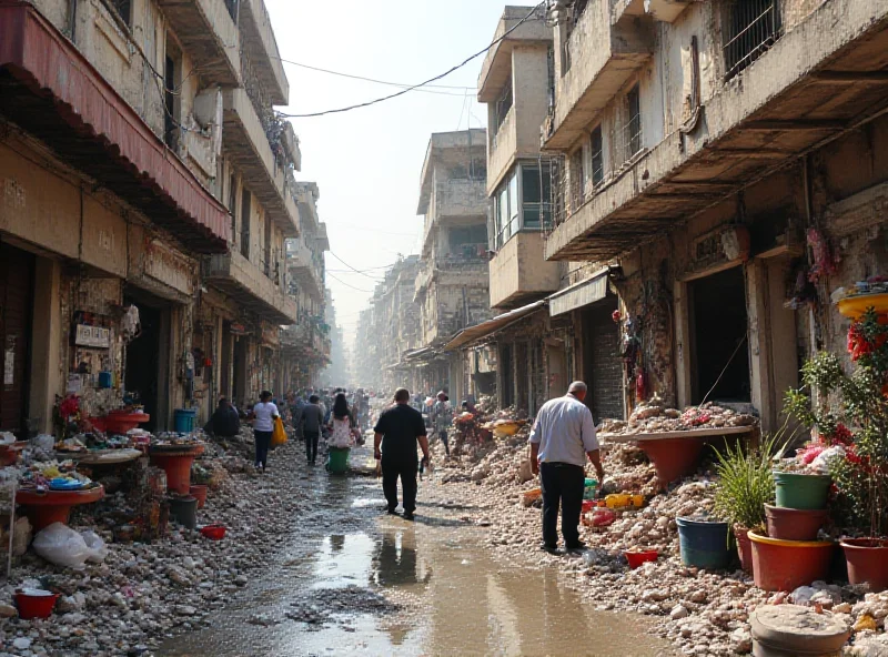 A street scene in Gaza City, with workers cleaning and preparing for Ramadan. Focus on the vibrant colors and activity despite the surrounding context of conflict.