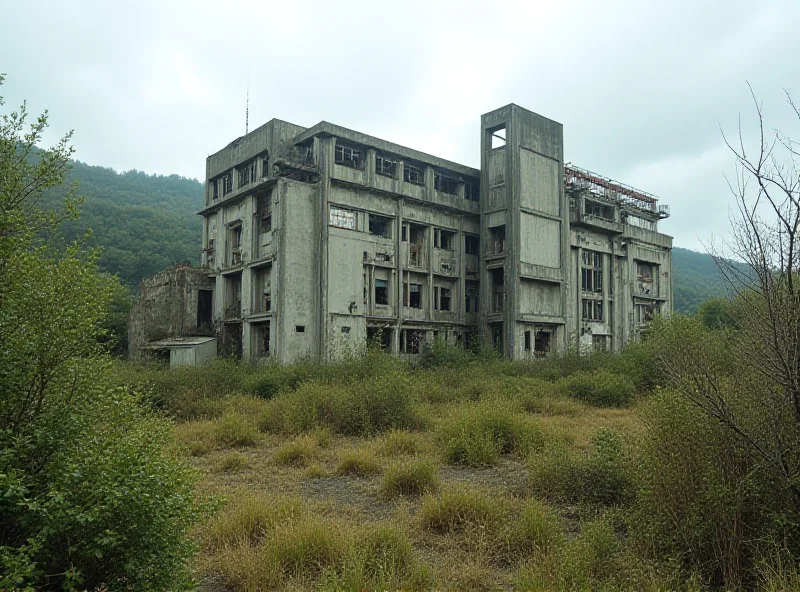 An abandoned nuclear power plant in Italy, with overgrown vegetation and signs of decay. The image should convey a sense of the past and uncertainty about the future of nuclear energy in the country.