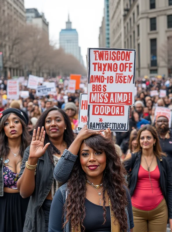 A diverse crowd of Americans holding signs advocating for DEI policies and protesting corporate greed. The signs are colorful and express frustration with current economic trends.