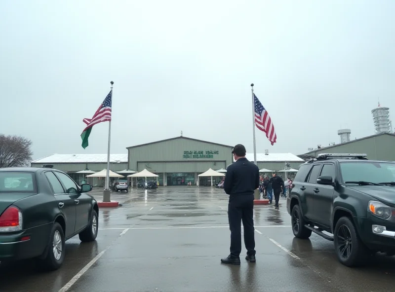 Exterior shot of the Sigonella US Naval Air Station, with security personnel and vehicles visible. The atmosphere is tense and alert.