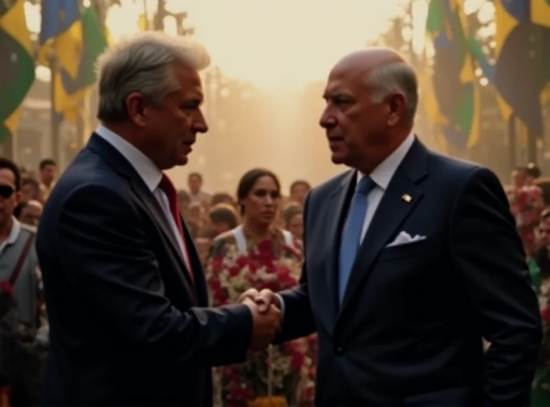 Two politicians shaking hands in a crowded room, with subtle Brazilian flags in the background.