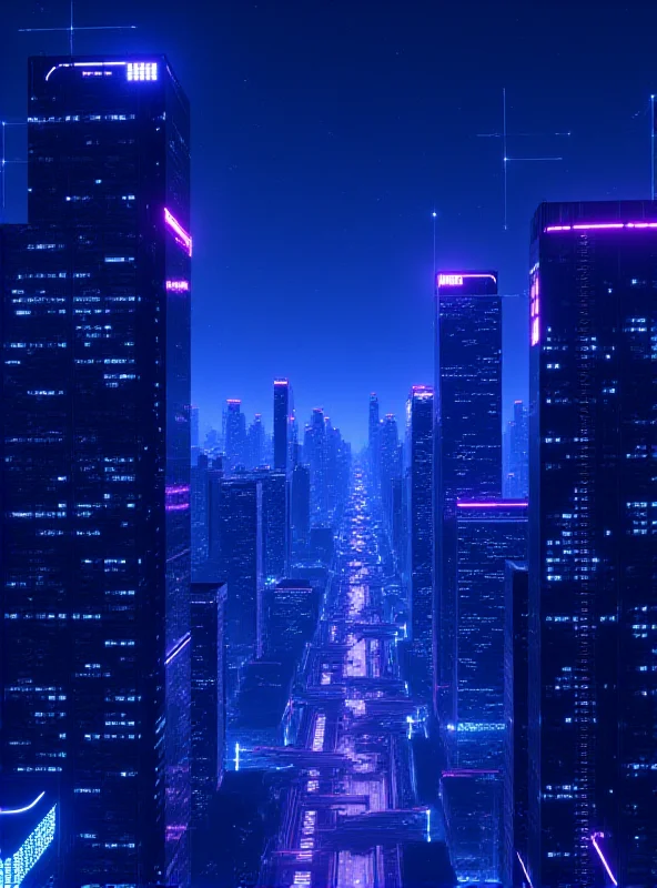 A futuristic cityscape with glowing lines representing data flow and artificial intelligence networks.