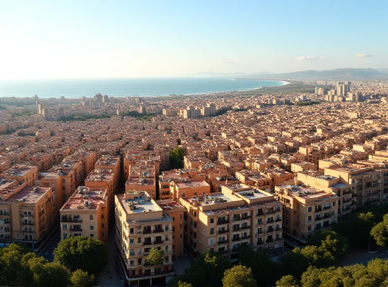 An aerial view of Barcelona, Spain, showing dense urban development and apartment buildings, with a focus on highlighting the concentration of property ownership and the potential impact of increased property taxes.