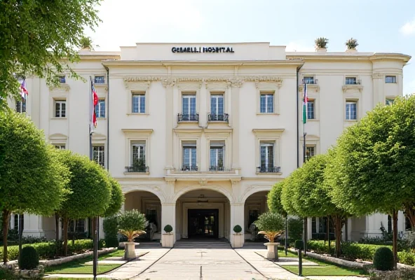 A serene image of the Gemelli Hospital in Rome, Italy, bathed in soft morning light, with emphasis on the peaceful and healing environment surrounding the medical facility.