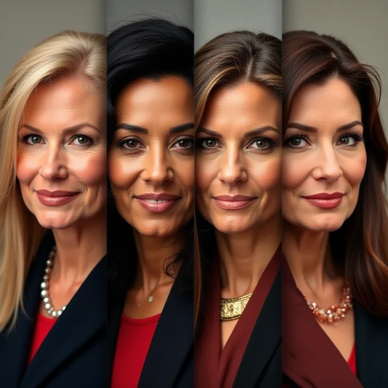 A composite image featuring portraits of several prominent women who served in Donald Trump's administration, showcasing a range of ages, ethnicities, and professional backgrounds, all with a determined and powerful expression.