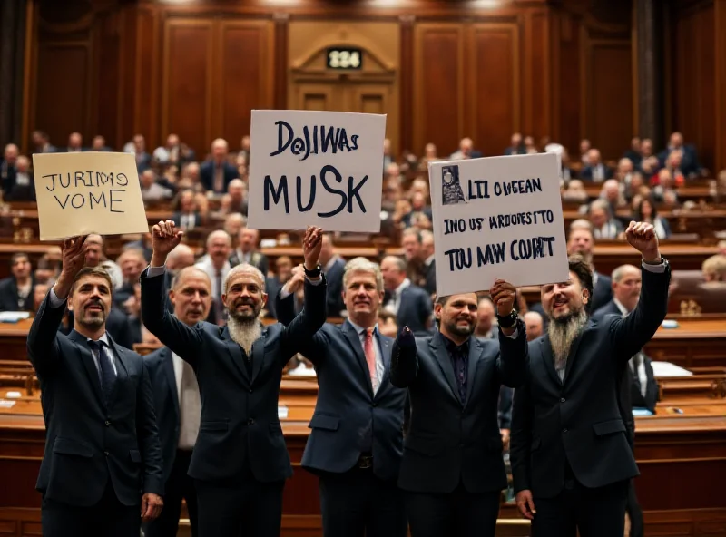 Italian deputies protesting against Elon Musk and Meloni with signs in the chamber.