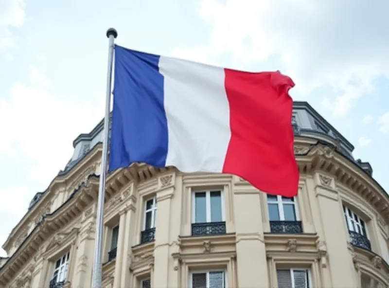 The French flag waving in front of the Ministry of Foreign Affairs building in Paris, symbolizing France's diplomatic efforts in the Gaza situation.