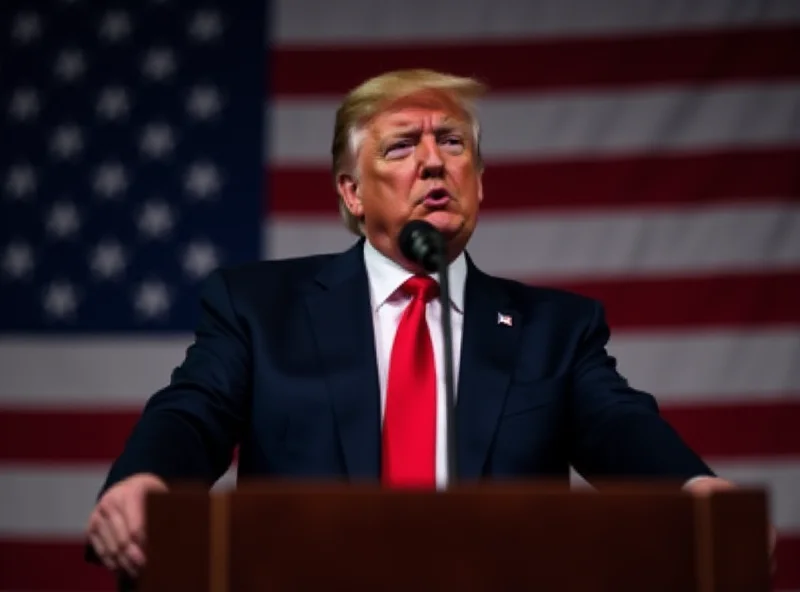 Donald Trump speaking at a podium with an American flag in the background.