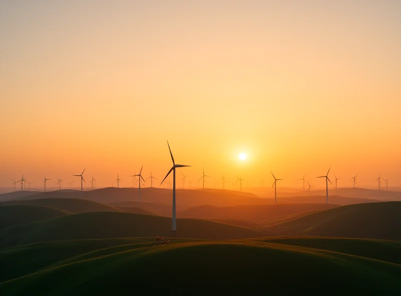 A wind turbine farm at sunset with rolling hills in the background.