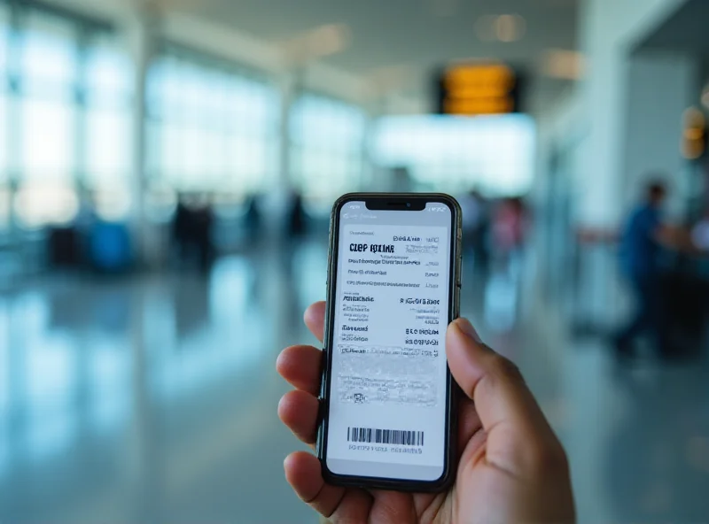 An image of a CBP One app on a smartphone screen held in someone's hand, with an airport boarding pass visible in the background.