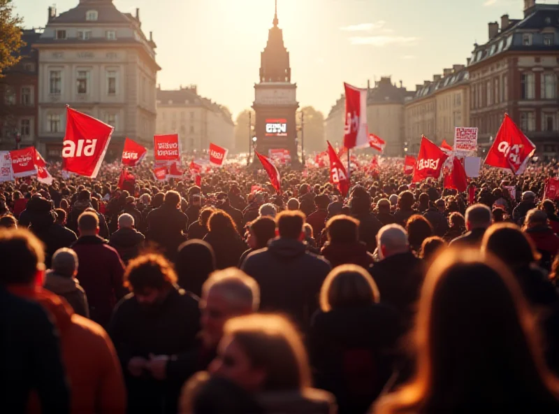 A photograph of a political rally in Gelsenkirchen with AfD banners and supporters.