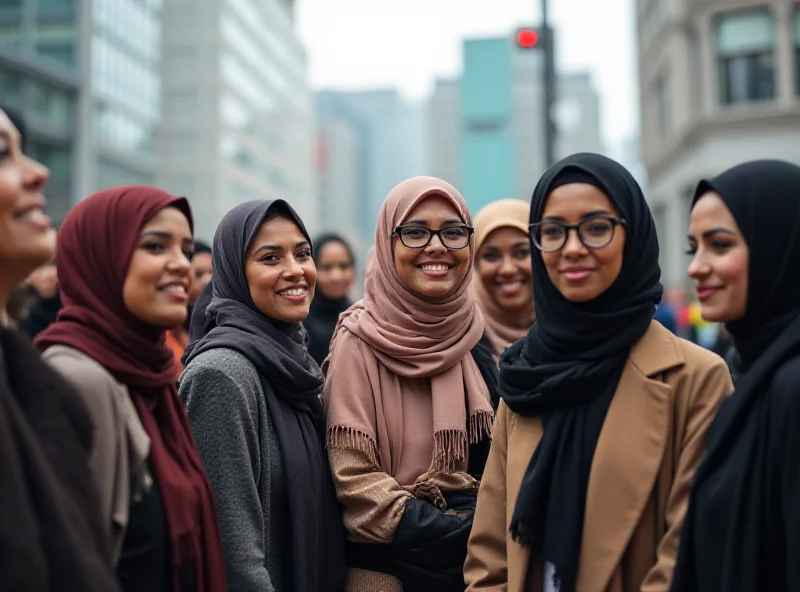A group of diverse women, some wearing hijabs and some without, standing together in a city setting