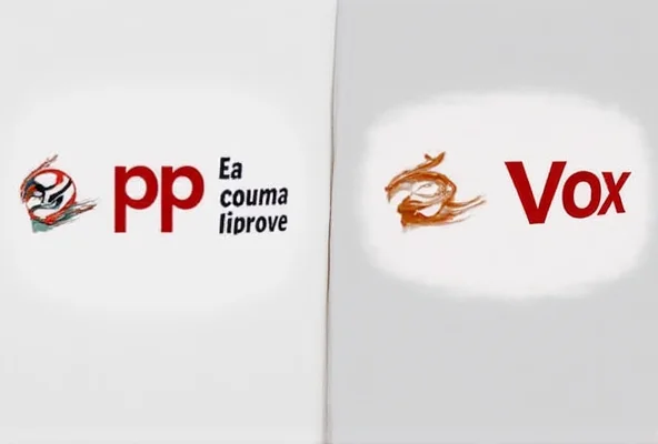 A collage of images representing the PP and Vox political parties.