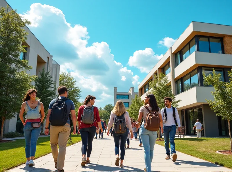 A diverse group of students walking on a university campus on a sunny day.