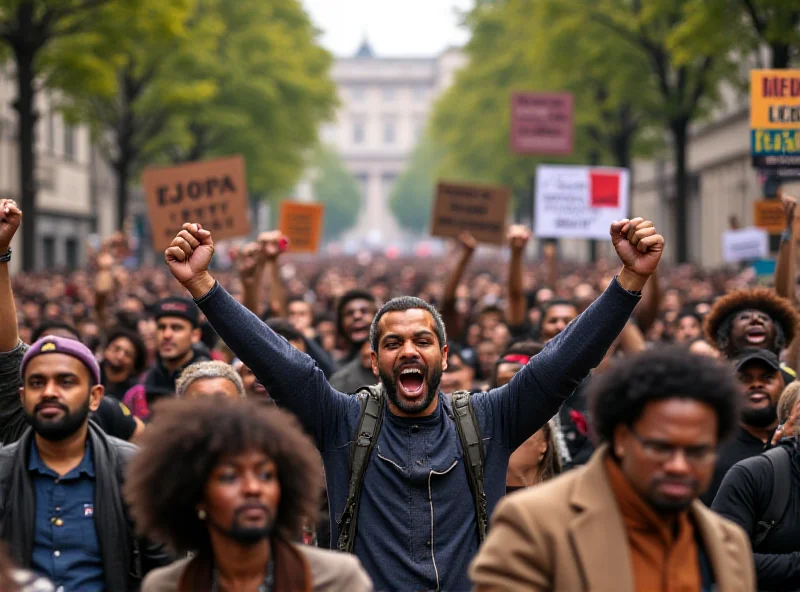 Crowd of protesters holding signs during a political rally.