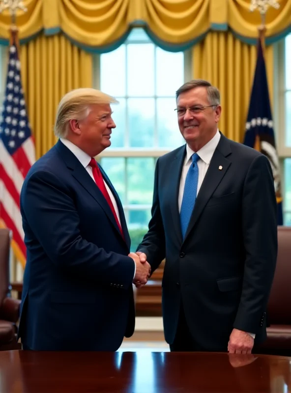 Donald Trump and Volodymyr Zelensky shaking hands in the Oval Office.