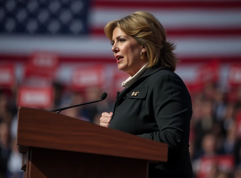 A pregnant woman giving a speech at a podium, with a determined expression.