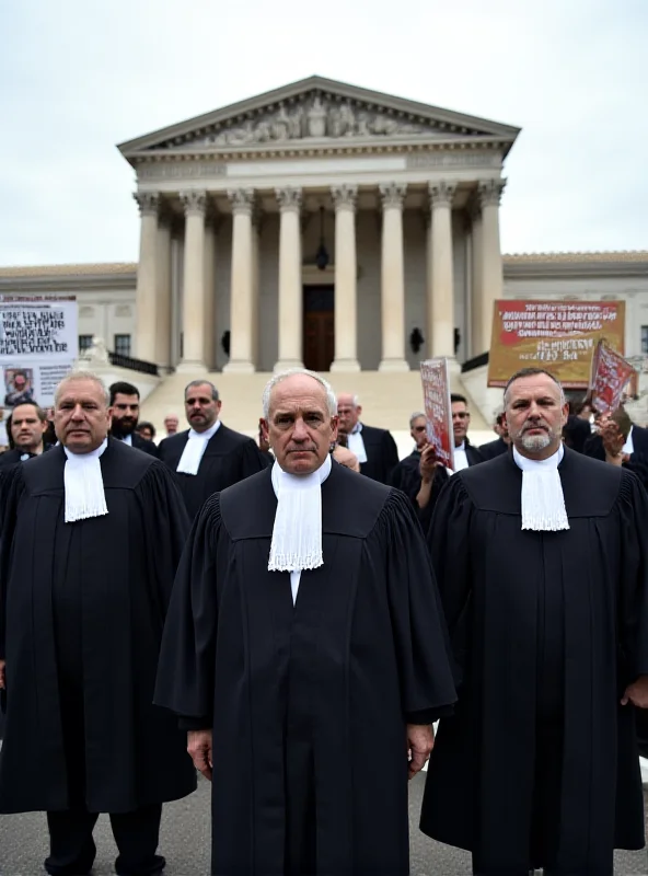 A group of magistrates in robes standing in protest outside a courthouse.