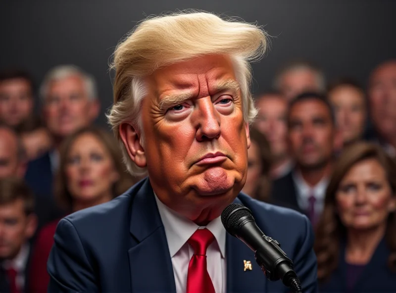 A caricature of Donald Trump with exaggerated features, speaking into a microphone with a crowd in the background.