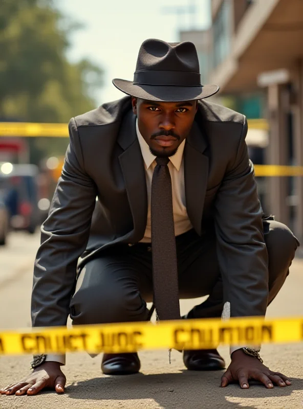 A detective in Kenya examining a crime scene, focused and determined.