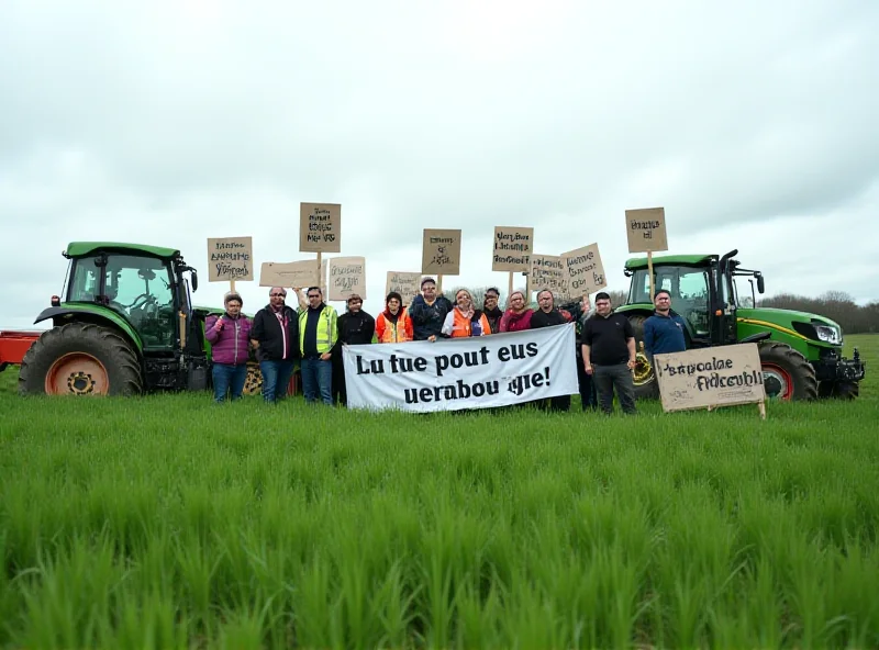 A group of farmers protesting in a field with signs.
