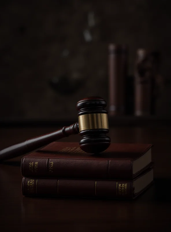 A gavel resting on a stack of legal books in a courtroom.