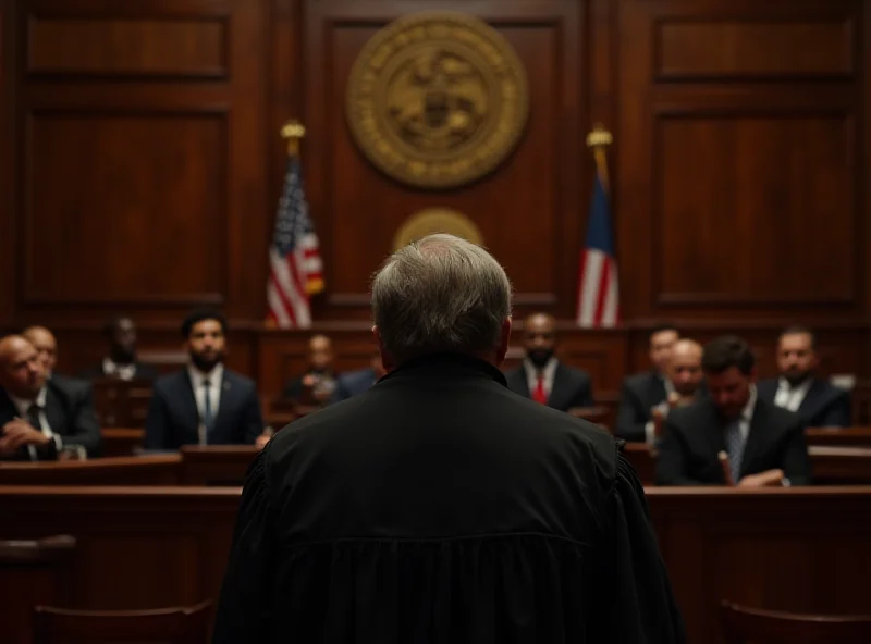 A courtroom scene with a judge in robes addressing a jury. The atmosphere is tense and serious.