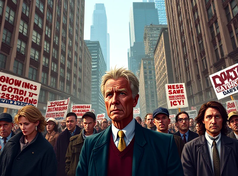 Illustration of a crowded New York City street with skyscrapers in the background, people holding signs related to the mayoral election, and a slightly caricatured image of Eric Adams looking concerned.