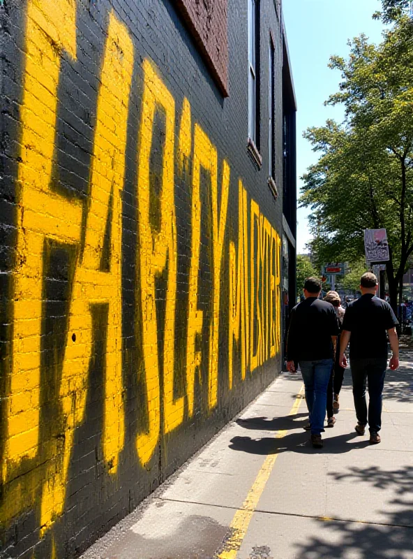Image of the Black Lives Matter mural in Washington D.C., showing vibrant yellow letters painted on the street. Include people walking by and possibly some protesters holding signs. Focus on the visual impact and the public space.