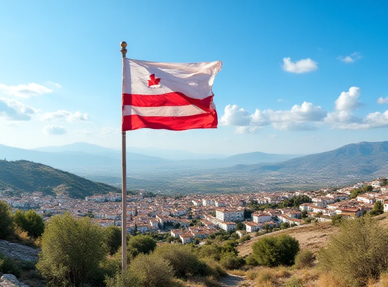 Photo of the Andalusian flag waving in the wind, symbolizing the region's autonomy. The sky is blue with scattered clouds.