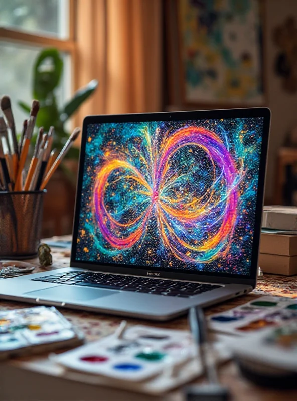 A creative workspace with a laptop displaying AI-generated art, surrounded by traditional art supplies like paintbrushes and canvases.